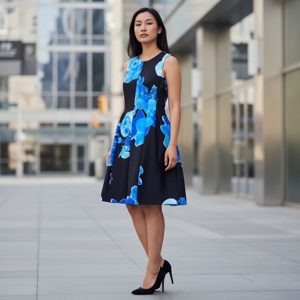 Calvin Klein Elegant Blue Floral Dress